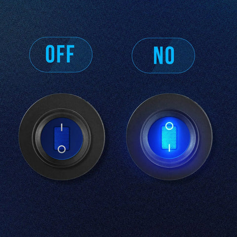 Waterproof 12V Toggle Switch Kit 2 Pack With Heavy Duty Blue LED Light Round Rocker Panel showing off and on positions