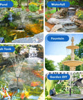 Solar Pond Filter With Fountain Pump Kit 8W Outdoor Pond Bird Bath Waterfall DIY Water Feature shown in various setups