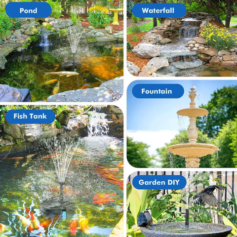Solar Pond Filter With Fountain Pump Kit 8W Outdoor Pond Bird Bath Waterfall DIY Water Feature shown in various setups