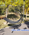 Installed Black Waterproof Vinyl Mesh Replacement With Rope For Patio Curved Hanging Lounge Chair And Chaise Lounger Swinging Chair Replacement Fabric Plus Accessories For Easy Outdoor Setup And Cozy Comfort No Fade on lawn