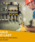 Beefy Heavy Duty Power Tool Organizer Wall Mounted Drill Rack for 6 cordless drills installed in a workshop with a worker nearby.