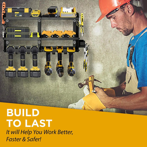 Beefy Heavy Duty Power Tool Organizer Wall Mounted Drill Rack for 6 cordless drills installed in a workshop with a worker nearby.