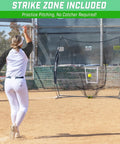 7 Foot By 7 Foot Baseball And Softball Practice Net For Hitting And Pitching Indoors Or Outdoors In Team Colors Durable Backstop Net For Batting Pitching Fielding Drills And Warmups being used on a baseball field.