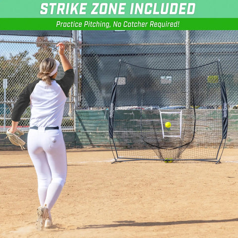 7 Foot By 7 Foot Baseball And Softball Practice Net For Hitting And Pitching Indoors Or Outdoors In Team Colors Durable Backstop Net For Batting Pitching Fielding Drills And Warmups being used on a baseball field.