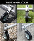 Heavy Duty 6 Inch Gate Wheel Caster For Smooth Glide On Metal Swing Gates Fits 1 5/8 To 2 Inch Frames shown on various surfaces.