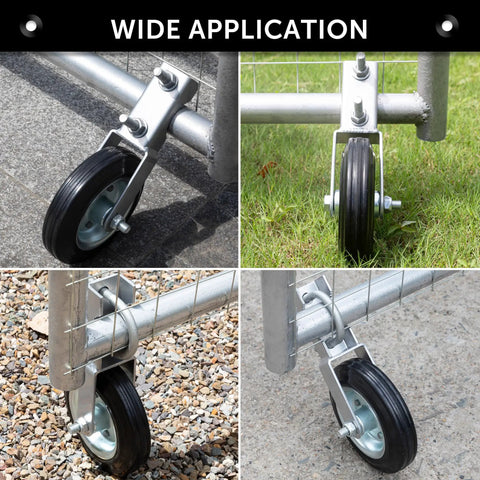 Heavy Duty 6 Inch Gate Wheel Caster For Smooth Glide On Metal Swing Gates Fits 1 5/8 To 2 Inch Frames shown on various surfaces.