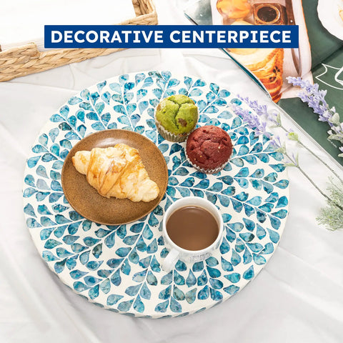 Dope Coastal Style Lazy Susan Turntable With Capiz Shell Inlay 12.5 Inch Wooden Rotating Tray For Table with coffee and pastries