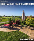 5 Gallon High Gloss Wet Look Solvent Based Acrylic Concrete Sealer and Paver Sealer shown applied on a patio with chairs and landscaping.