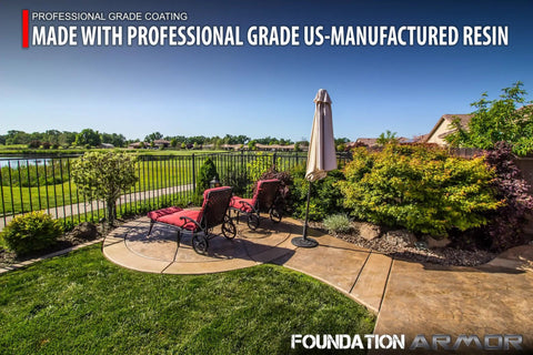 5 Gallon High Gloss Wet Look Solvent Based Acrylic Concrete Sealer and Paver Sealer shown applied on a patio with chairs and landscaping.