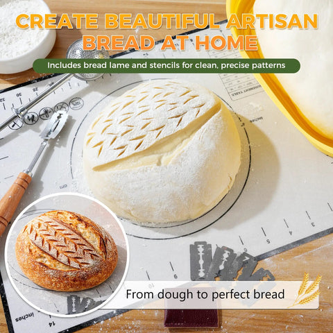 Sourdough Starter Kit For Beginners Newbie Friendly With 34 Oz Starter Jar And Clear Scale Markings Two Silicone Proofing Baskets Complete Bread Baking Kit With Guide And Recipes Easy To Use And Clean Yellow showcasing artisan bread creation with included baking tools.