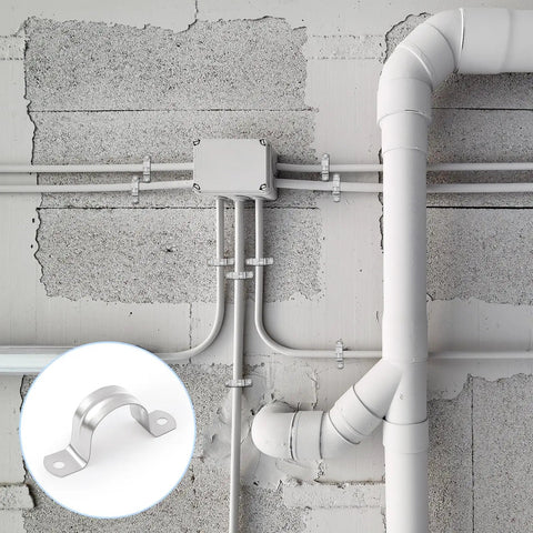 100 Pack 1 Inch Opening Stainless Steel Conduit Clamps 304 2 Hole U Brackets for pipe fixing on wall surface shown in use