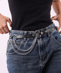 Badass Black Pu Leather Waist Chain Belt Featuring Heavy Duty Hardware And Distressed Details For Emo Punk Goth Grunge Fashion Daily Wear Halloween Cosplay To Fully Slay Your Game shown on a model wearing jeans.