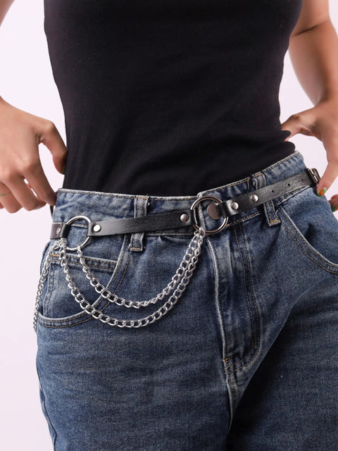 Badass Black Pu Leather Waist Chain Belt Featuring Heavy Duty Hardware And Distressed Details For Emo Punk Goth Grunge Fashion Daily Wear Halloween Cosplay To Fully Slay Your Game shown on a model wearing jeans.
