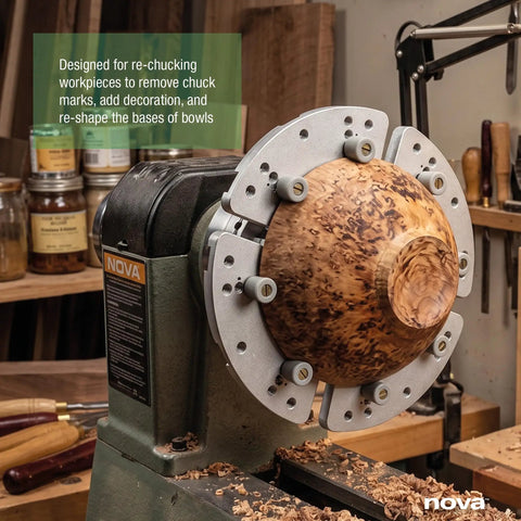 Top Shelf Mini Cole Wood Lathe Chuck Jaw Set Engineered For Flawless Bowl Refinishing And Quick Rechucking On Eight Inch Swing Lathes, showing wood bowl on lathe.