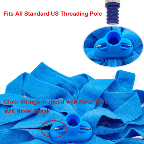 Blue Microfiber Mop Head Refill Fits Acme Three Quarter Thread Screw On, Three Pack Replacement Mop Heads, Close-up of threading