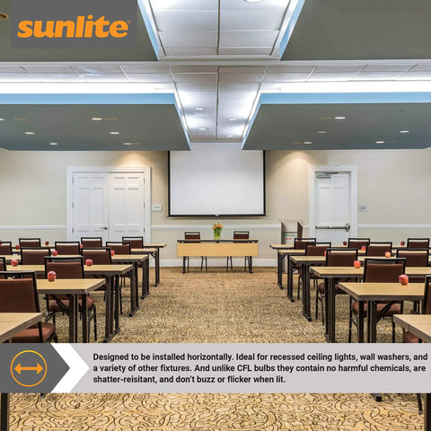 Conference room lit with LED PLD Horizontal Plug In Light Bulb 9W Ballast Bypass, 1000 Lumens, G24D 2 Pin Base, CFL Replacement