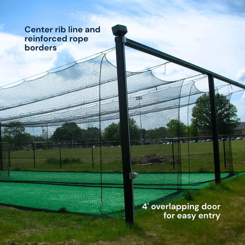 Heavy Duty HDPE Batting Cage Net For Baseball And Softball Training Gauge 42 Twine Outdoor UV Treated Weather Resistant Netting 12 By 14 By 55 Feet Net Only No Frame Included visible in a field.