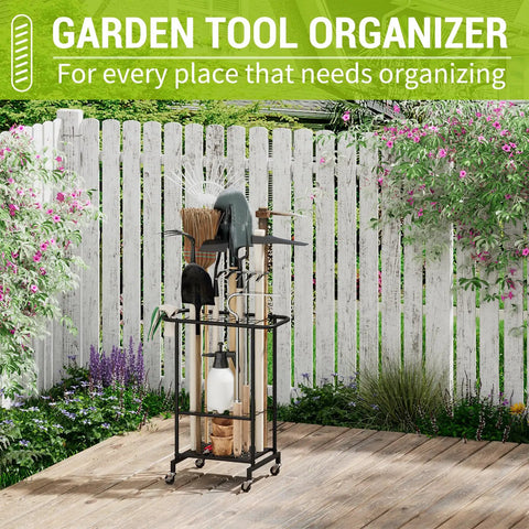 3-Tier Garden Tool Organizer On Wheels Heavy Duty Metal Rolling Storage Cart in a garden with rakes and shovels.