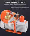 Front view of VEVOR 7 CFM dual-stage HVAC vacuum pump with oil bottle; inset shows gas ballast valve.
