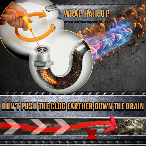 Heavy Duty Professional Killer Slick 360 Rotating Drain Snake For Snagging Stubborn Hair Clogs Inside Bathroom Sink Shower Tub And Floor Drains With Flexible Coiled Cable For Easy Pull Out showing hair clog removal process.