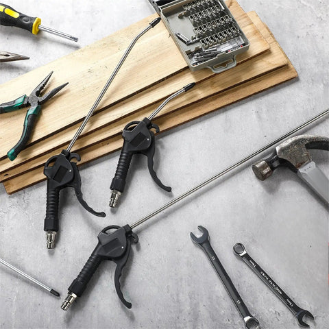 Heavy Duty 6 Piece Air Blow Gun Kit With Pistol Grip Handles Multi Size Assortment on a workbench with tools.