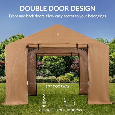10x8ft Outdoor Storage Shed With Dual Roll Up Doors And Weather Resistant Metal Frame In Tan, front view showing doors open