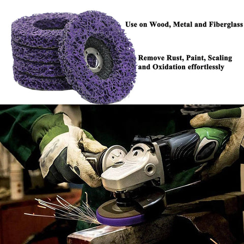Heavy Duty Rust Buster Wheel Set For Paint And Oxidation Removal, Poly Strip Disc Abrasive For Angle Grinder in use, 5 Pack