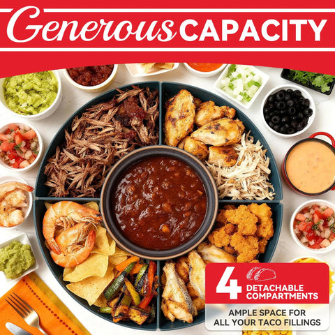 Lazy Susan Taco Bar Set With Lids And Four Rotating Taco Holders For Taco Tuesday With Warming Pot filled with taco fillings