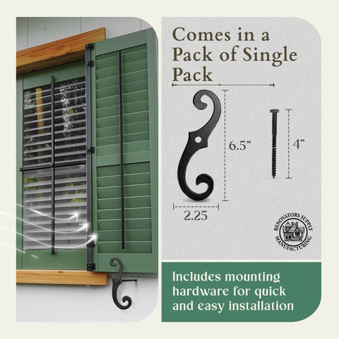 Top Shelf Cast Iron Shutter Dogs With Rust Resistant S Hook Exterior Hardware And Included Mounting Bolts 6.5 Inch dark matte coat on window