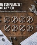Heavy Duty Stainless Steel Locking Linch Pins With O-Ring Retainers Secure Utility Trailers Trucks And Marine Gear displayed in 8-piece kit.