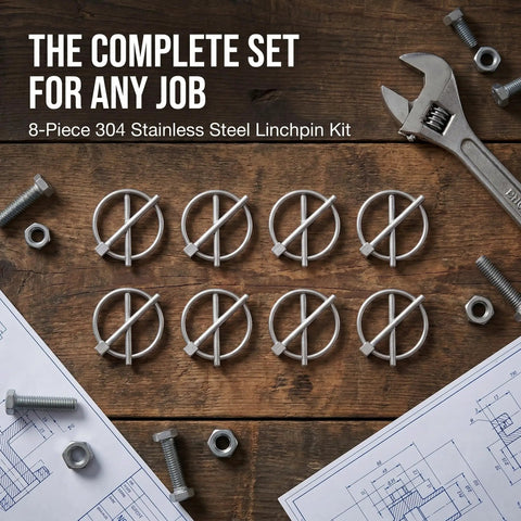 Heavy Duty Stainless Steel Locking Linch Pins With O-Ring Retainers Secure Utility Trailers Trucks And Marine Gear displayed in 8-piece kit.