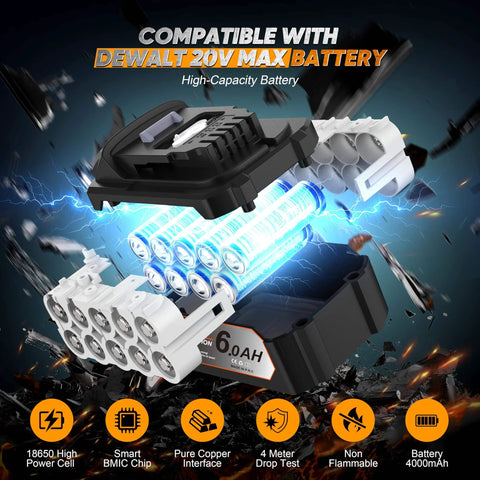 Exploded view of a 20V Max battery pack with internal components and battery cells, showing compatibility with Dewalt tools.