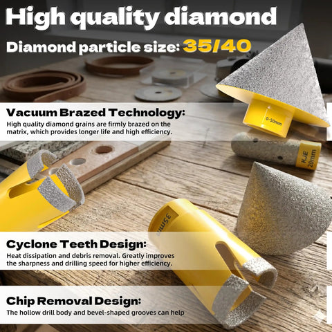 Pro Grade Vacuum Brazed Diamond Hole Saw Kit for Porcelain with diamond particle size 35 40 and cyclone teeth design