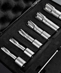 Eight carbide annular cutters with Weldon shanks in a foam-lined case; diameters 1/2"–1-1/16" and 1-3/8" cutting depth.