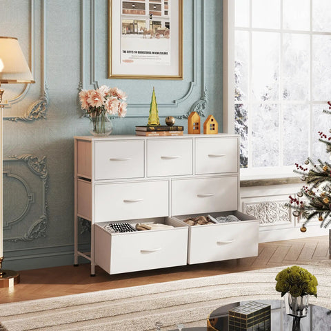 Seven Drawer Dresser And TV Stand With Wood Top, Fabric Storage Tower, white, sturdy steel frame, in elegant room setting.