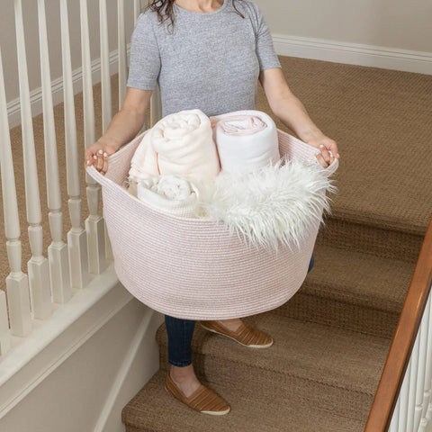 Light Pink Storage Basket For Nursery And Home Use Kiddo Friendly Toy Bin And Laundry Organizer 22x14 Inch Woven Fabric with blankets