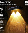 Outdoor Solar Fence Lights With Six Modes 2700K 4500K 6500K IP65 All Weather Waterproof Wall Light 250 Lumens on brick wall