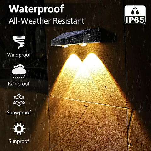 Outdoor Solar Fence Lights With Six Modes 2700K 4500K 6500K IP65 All Weather Waterproof Wall Light 250 Lumens on brick wall