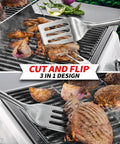 Heavy Duty Rosewood BBQ Tools Set With Extra Thick Stainless Steel Spatula in use on grill with meat and vegetables