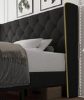 Queen Size Platform Bed Frame With Button Tufted Wingback Headboard, Black Upholstered Bedroom Staple, 48 inch height detail.