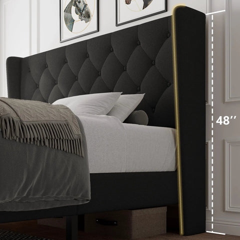 Queen Size Platform Bed Frame With Button Tufted Wingback Headboard, Black Upholstered Bedroom Staple, 48 inch height detail.
