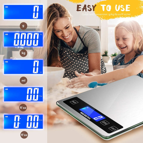 Digital Kitchen Scale 22Lb Capacity For Food Weighing Grams And Ounces 1g And 0.1oz Precise Graduation shown with LCD and cooking family