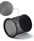 Close-up of wire mesh pen holder and pencil cup desk organizer for stationery and office supplies, sturdy steel mesh with black powder coat.