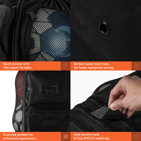 Heavy Duty XL Mesh Sports Gear Bag With Adjustable Backpack Straps and pockets for balls, drain hole, and MOLLE webbing details