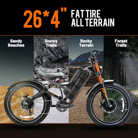 Heavy Duty Fat Tire Electric Bike For Adults Packing 6000W Dual Motors Kicking Up Dust At 52 Mph Racking 300 Miles Per Charge showcasing 26" wheels.