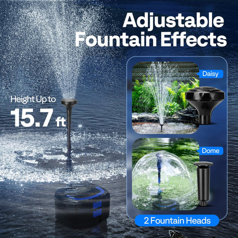 Close-up of 4 In 1 Pond Filter System Kit with 1370 GPH Pump adjustable fountain heads, showcasing daisy and dome effects.