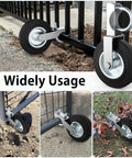 Heavy Duty Gate Wheels Two Pack Slick Support Casters For Metal Swing Gates Fits One Point Five Eight Inch To Two Inch Frames Built Tough For Farm Yards Or Chain Link Fences No Sweat Install Makes Heavy Doors Roll Like Butter mounted on a metal gate.