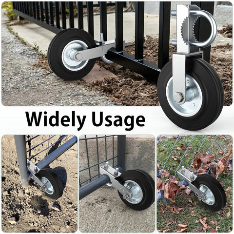 Heavy Duty Gate Wheels Two Pack Slick Support Casters For Metal Swing Gates Fits One Point Five Eight Inch To Two Inch Frames Built Tough For Farm Yards Or Chain Link Fences No Sweat Install Makes Heavy Doors Roll Like Butter mounted on a metal gate.
