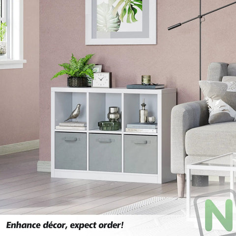 Six Cube Storage Organizer Set with fabric bins and decor in living room, showcasing space-saving design and practical storage.