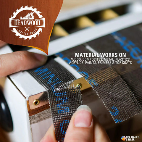 Person using Pro Grade Mesh Sandpaper Variety Pack With Dispenser Five Piece 180 240 320 400 600 Grits For Woodworking Dust Free Clog Resistant Sanding Ideal For Finishing Work Keeping Dust Down Narrow Strips Ready On Demand Fits Most Sanders And Projects on a wooden surface.